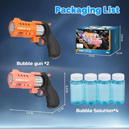 Eaglestone 2 Pack Revolver Bubble Guns for Kids, Swing-Out Cylinder, 8000+ Bubbles/Min, LED Light Up, 4 Bubble Solution Bottles, Outdoor Indoor Toy, Birthday
