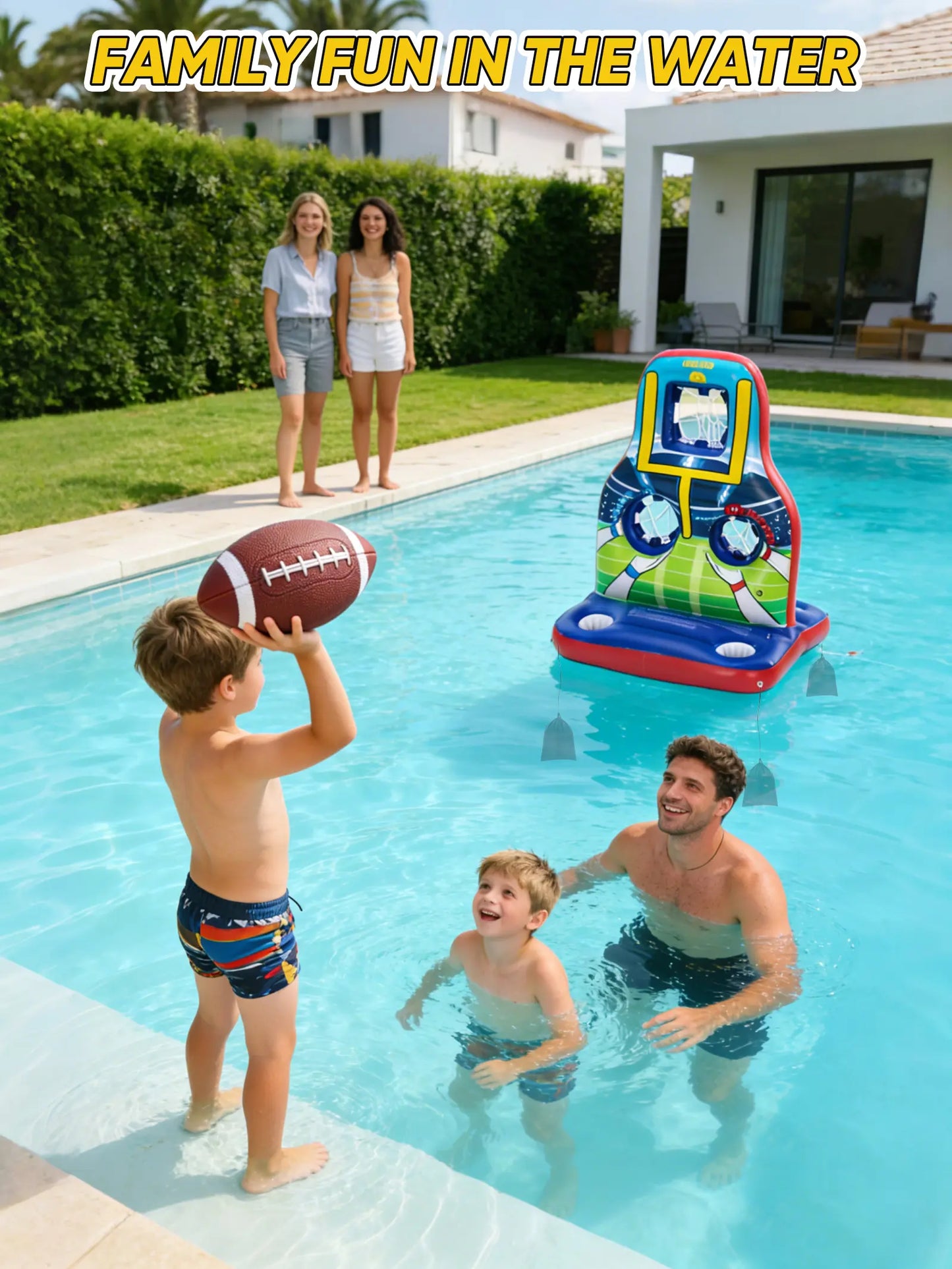 Inflatable Football Toss Pool Games Set, Football Target for Kids Age 8-12, Teens, Adults, Family, with 4 Water Footballs & 2 Pumps, Summer Swimming Pool Toys for Party, Beach, Lawn, Indoor/Outdoor