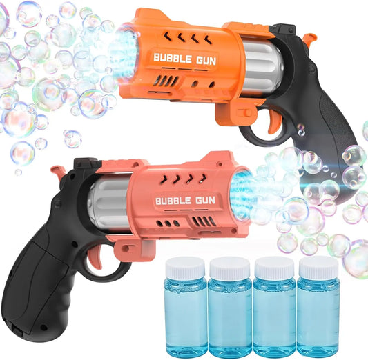 Eaglestone 2 Pack Revolver Bubble Guns for Kids, Swing-Out Cylinder, 8000+ Bubbles/Min, LED Light Up, 4 Bubble Solution Bottles, Outdoor Indoor Toy, Birthday