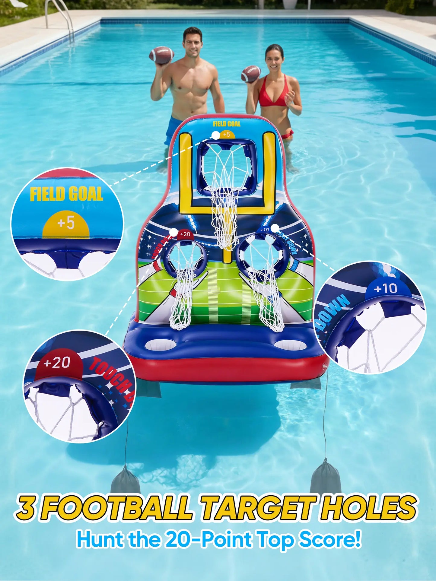 Inflatable Football Toss Pool Games Set, Football Target for Kids Age 8-12, Teens, Adults, Family, with 4 Water Footballs & 2 Pumps, Summer Swimming Pool Toys for Party, Beach, Lawn, Indoor/Outdoor