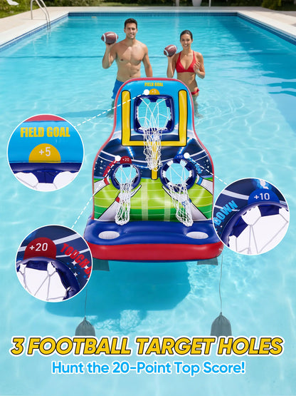 Inflatable Football Toss Pool Games Set, Football Target for Kids Age 8-12, Teens, Adults, Family, with 4 Water Footballs & 2 Pumps, Summer Swimming Pool Toys for Party, Beach, Lawn, Indoor/Outdoor