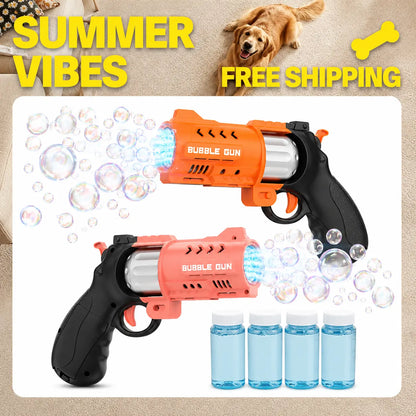 Eaglestone 2 Pack Revolver Bubble Guns for Kids, Swing-Out Cylinder, 8000+ Bubbles/Min, LED Light Up, 4 Bubble Solution Bottles, Outdoor Indoor Toy, Birthday