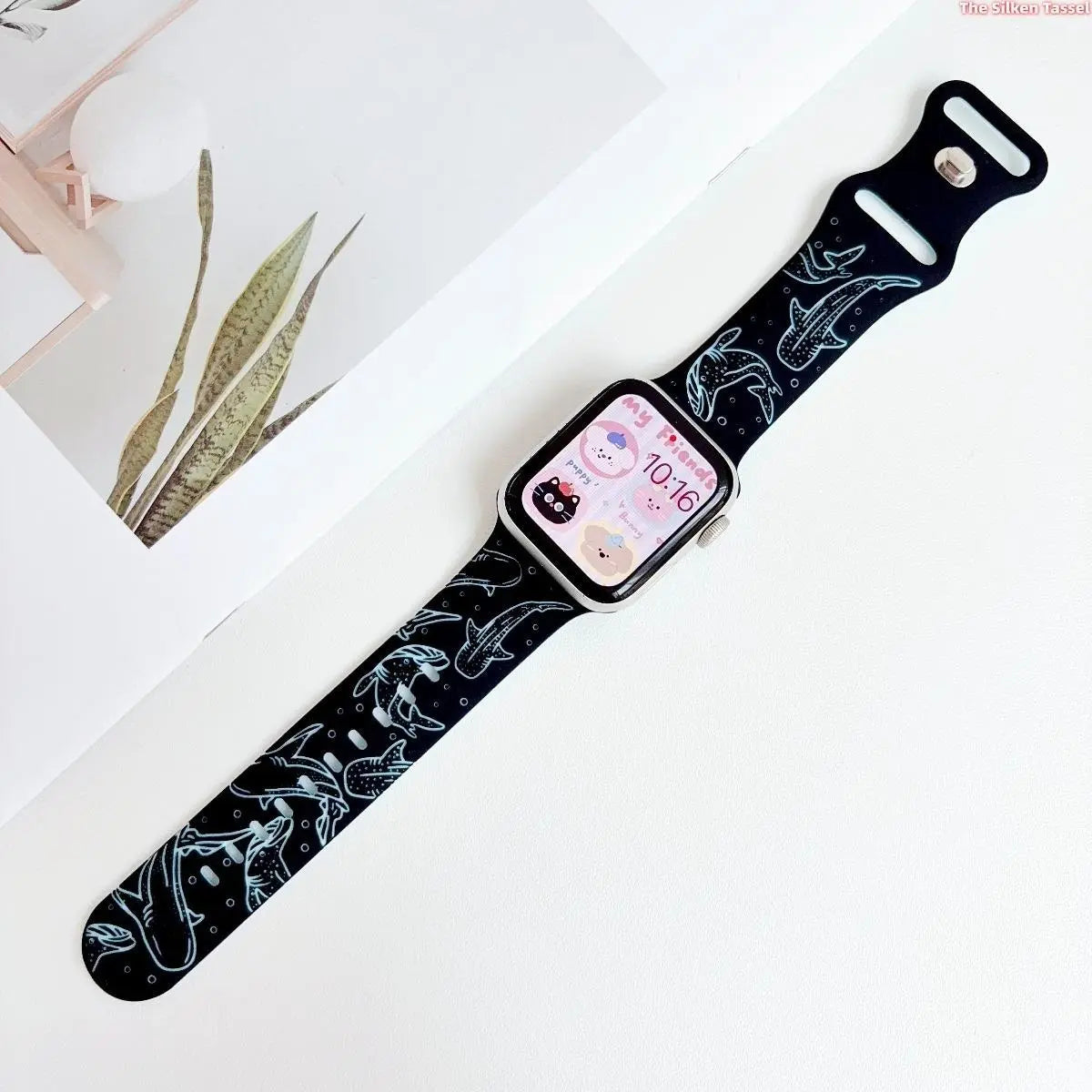 Ocean-Inspired Silicone Strap for Apple Watch Ultra Series 1-11 SE - Adjustable Lightweight Marine Animal Print Sport Band