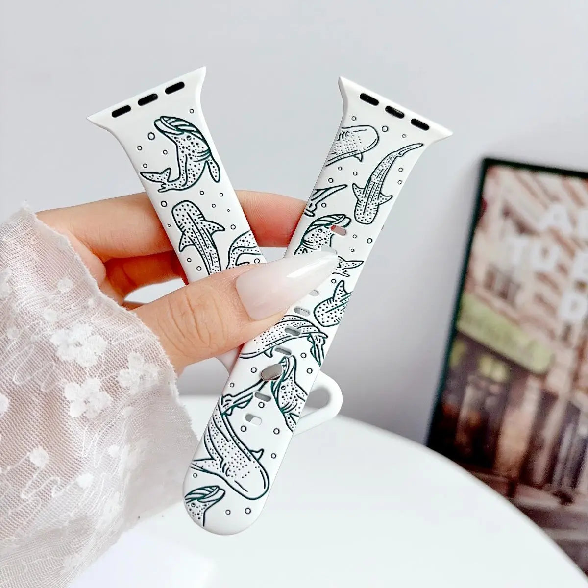Ocean-Inspired Silicone Strap for Apple Watch Ultra Series 1-11 SE - Adjustable Lightweight Marine Animal Print Sport Band