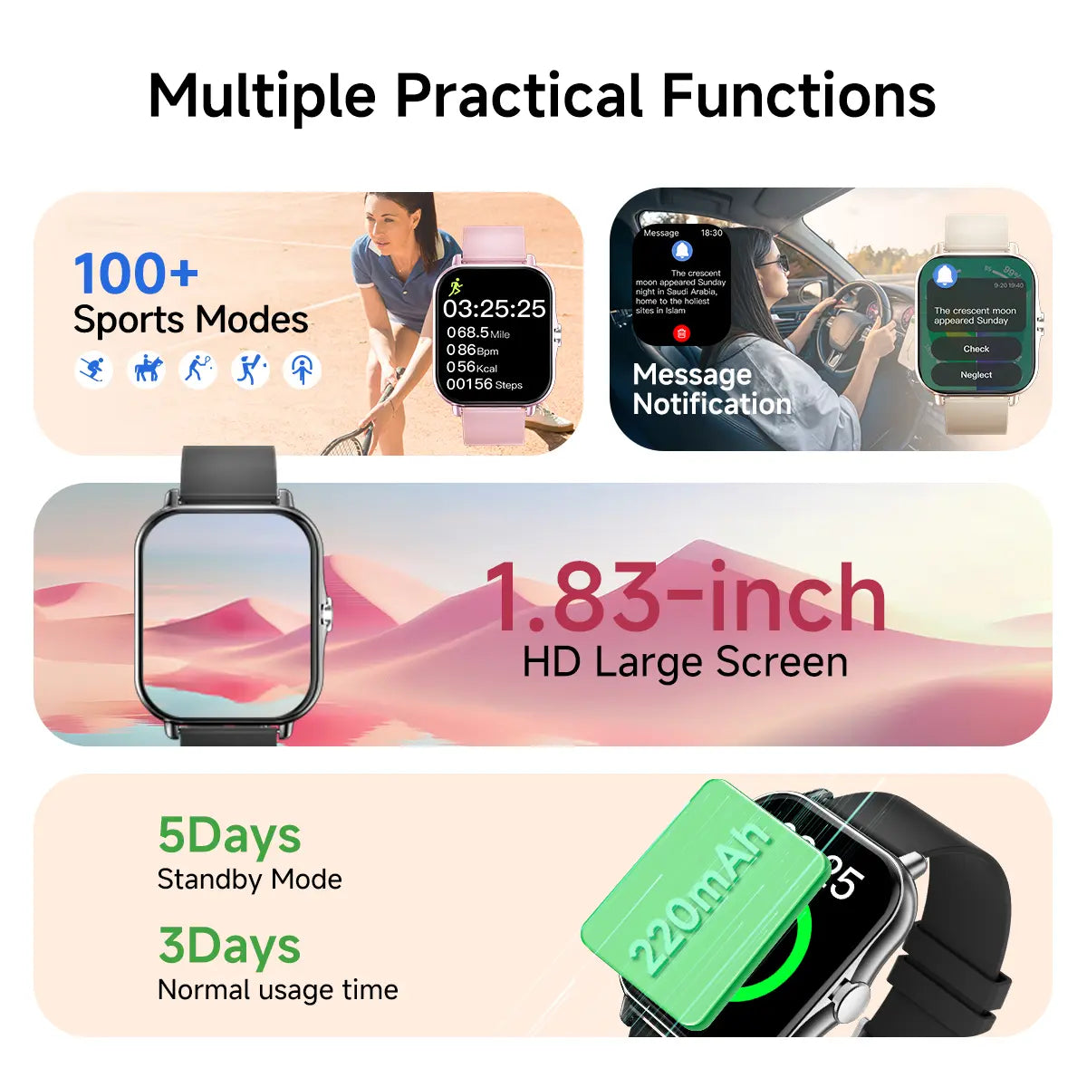 Free Delivery Smart Watch, Bluetooth Connect, 1.83 Hd Screen, Wireless Call & Music, Multiple Sports Modes, Text Message, Music Player, Daily Tool, Ideal Gift, Unisex