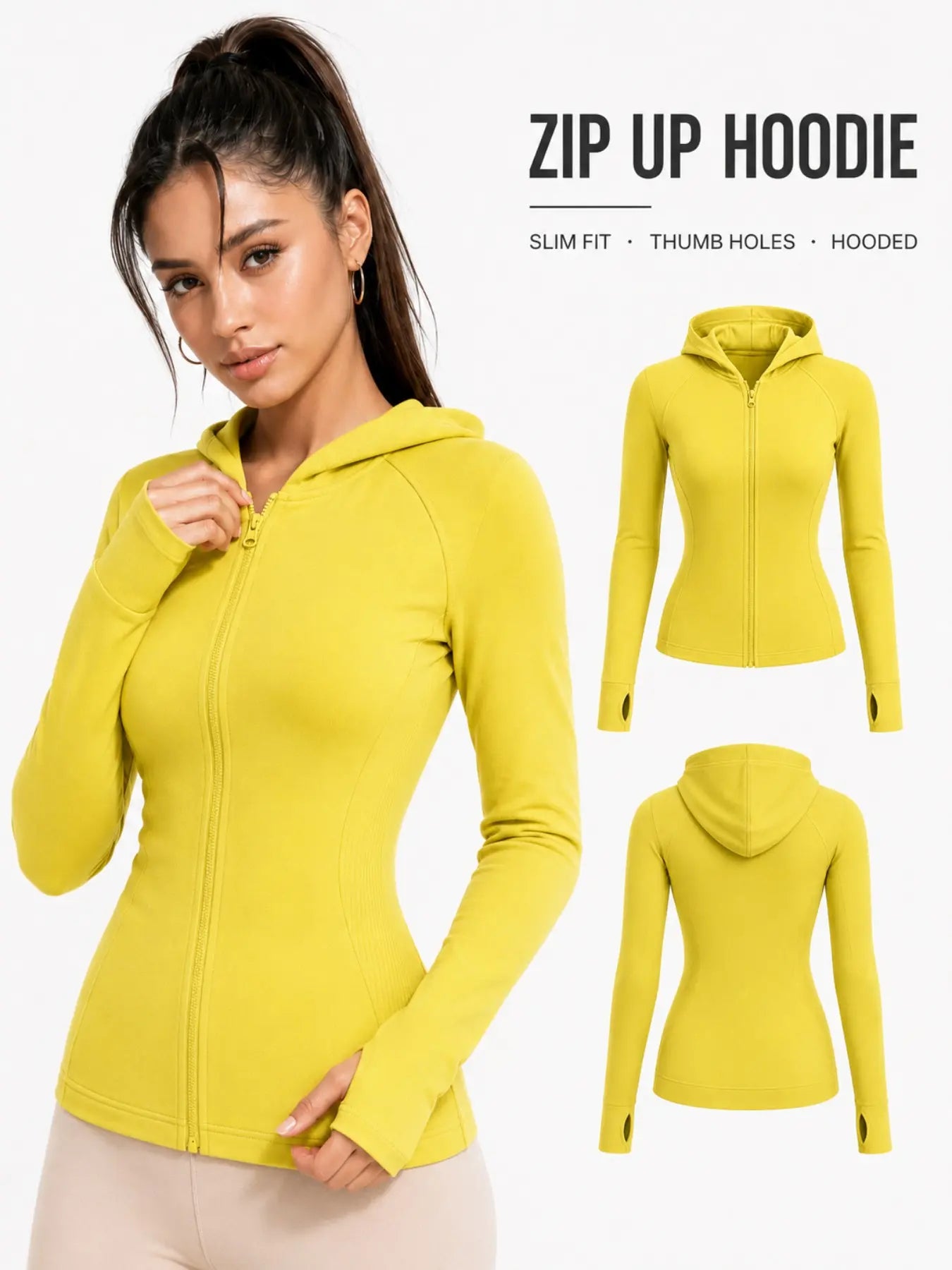 Women’S Solid Slim-Fit Hooded Athletic Jacket, High-Stretch Sculpting Zip-Up Workout Top with Thumbholes for Yoga, Running and Fitness