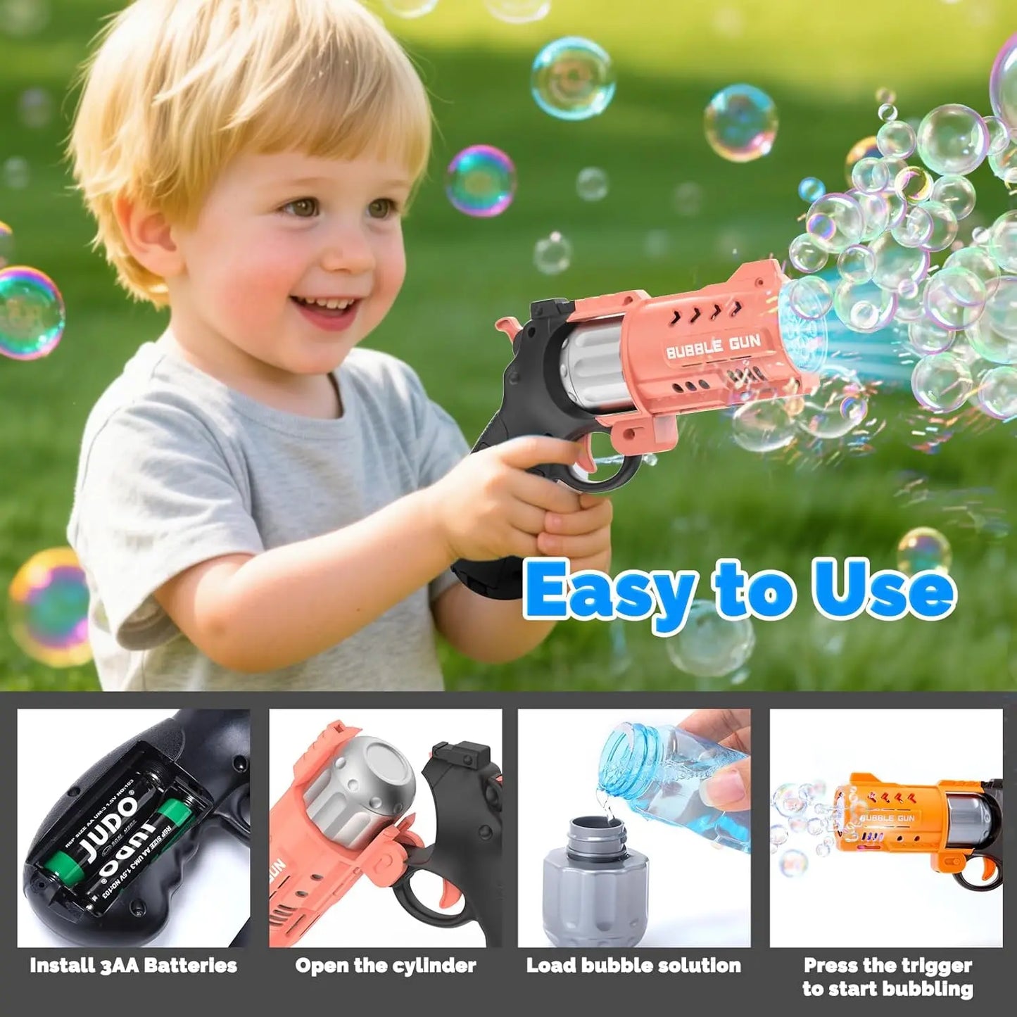Eaglestone 2 Pack Revolver Bubble Guns for Kids, Swing-Out Cylinder, 8000+ Bubbles/Min, LED Light Up, 4 Bubble Solution Bottles, Outdoor Indoor Toy, Birthday