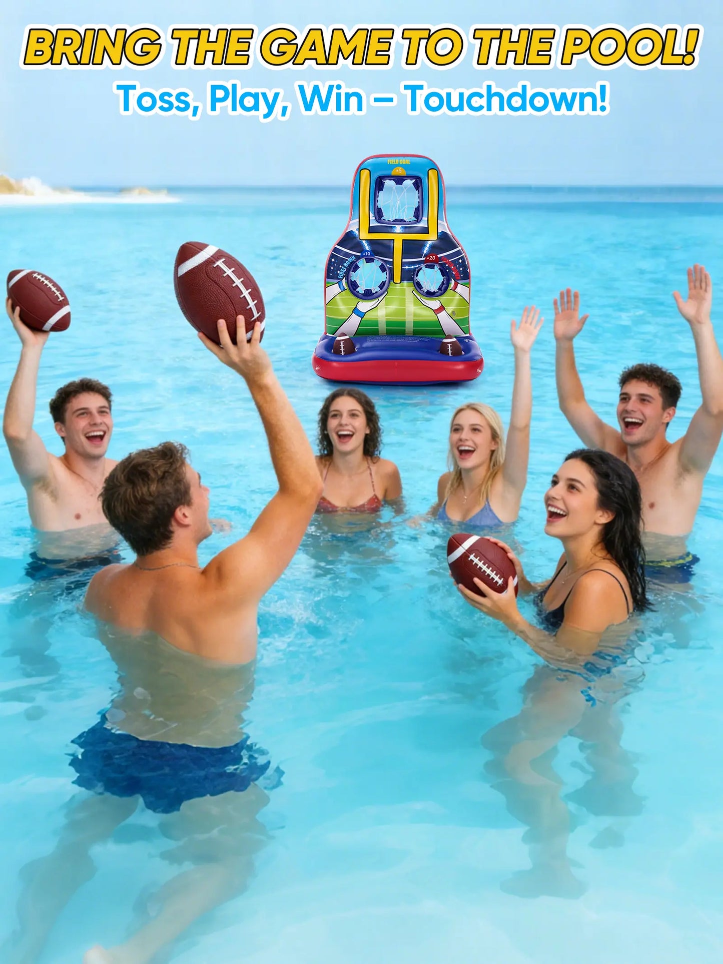 Inflatable Football Toss Pool Games Set, Football Target for Kids Age 8-12, Teens, Adults, Family, with 4 Water Footballs & 2 Pumps, Summer Swimming Pool Toys for Party, Beach, Lawn, Indoor/Outdoor