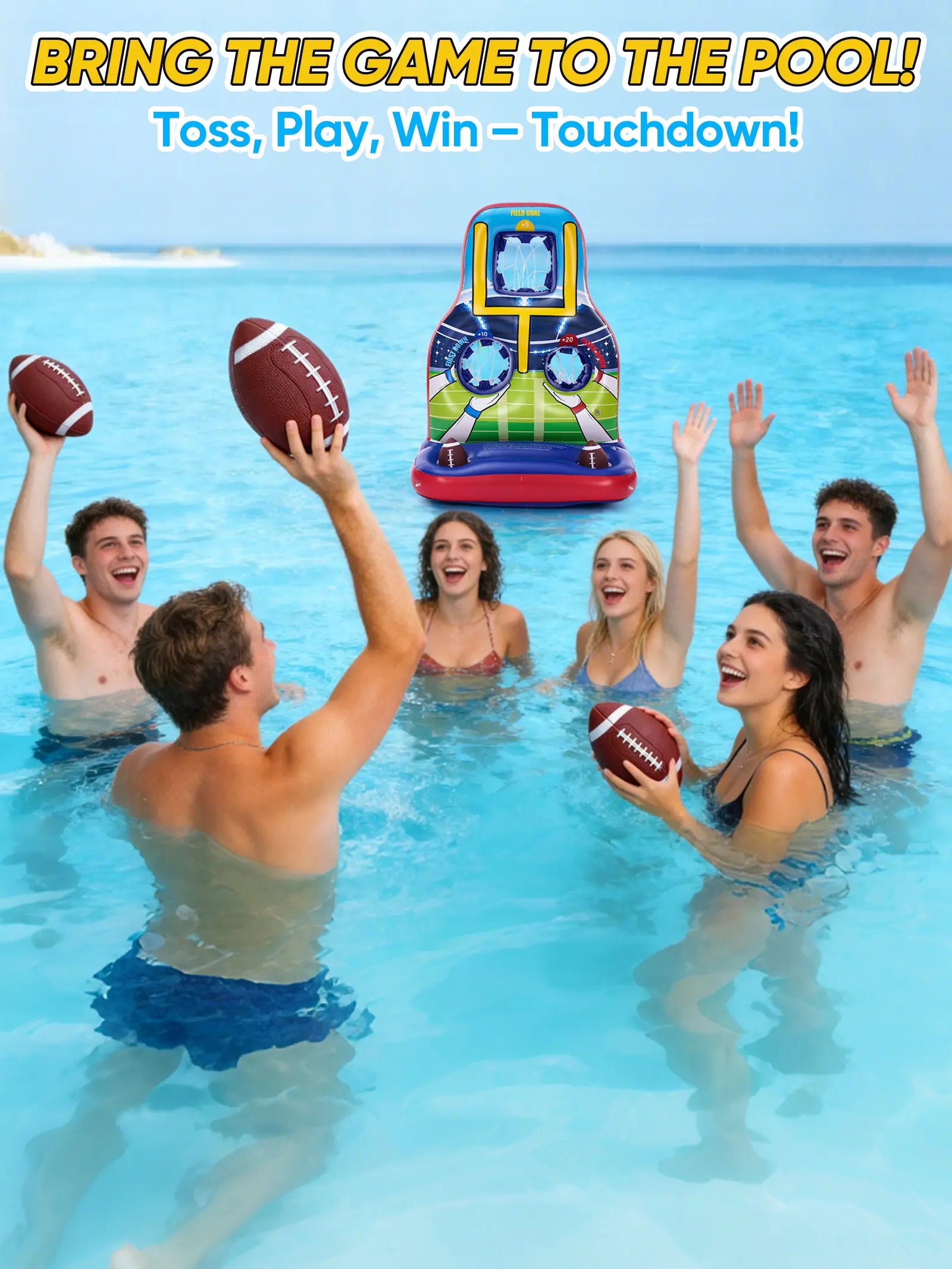 Inflatable Football Toss Pool Games Set, Football Target for Kids Age 8-12, Teens, Adults, Family, with 4 Water Footballs & 2 Pumps, Summer Swimming Pool Toys for Party, Beach, Lawn, Indoor/Outdoor