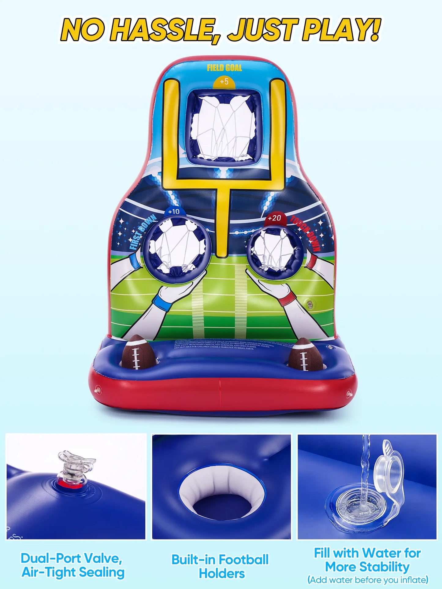 Inflatable Football Toss Pool Games Set, Football Target for Kids Age 8-12, Teens, Adults, Family, with 4 Water Footballs & 2 Pumps, Summer Swimming Pool Toys for Party, Beach, Lawn, Indoor/Outdoor