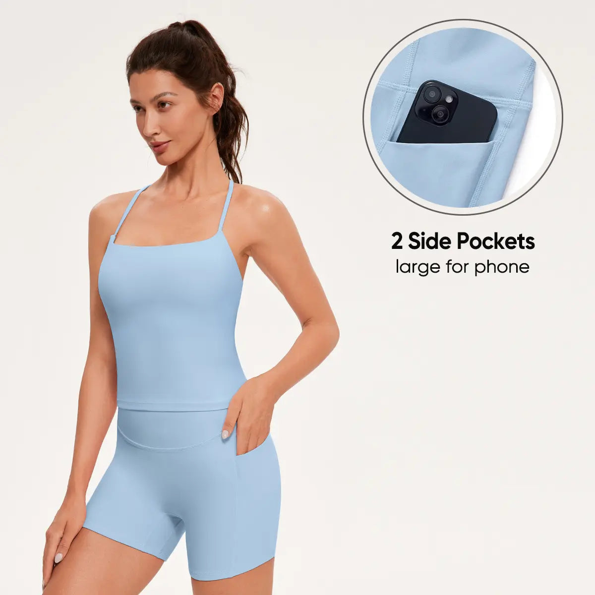OMKAGI Women'S Cute Spaghetti Strap Tank Tops & Booty Shorts Workout Set with Pockets for Active Women