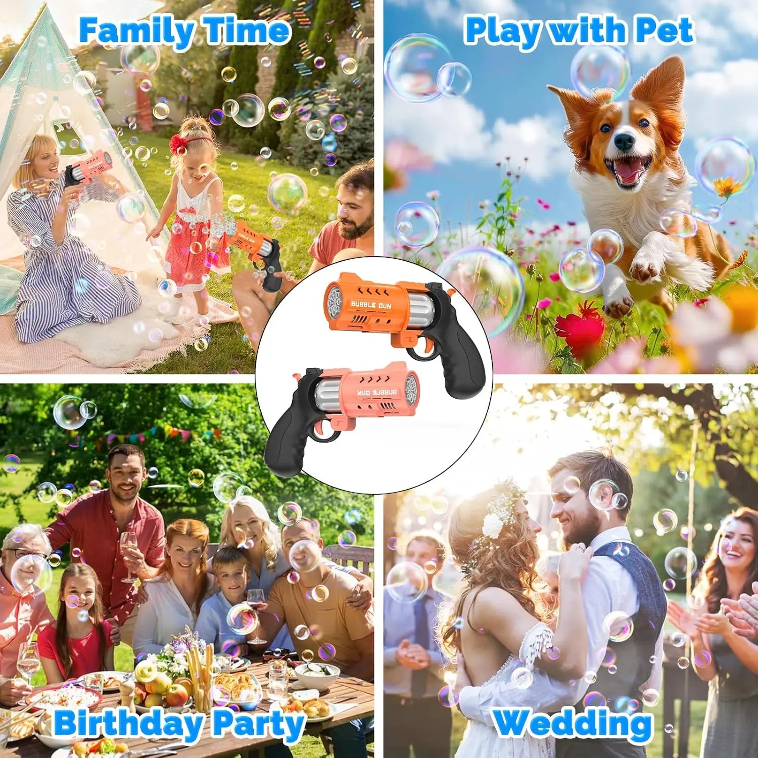 Eaglestone 2 Pack Revolver Bubble Guns for Kids, Swing-Out Cylinder, 8000+ Bubbles/Min, LED Light Up, 4 Bubble Solution Bottles, Outdoor Indoor Toy, Birthday