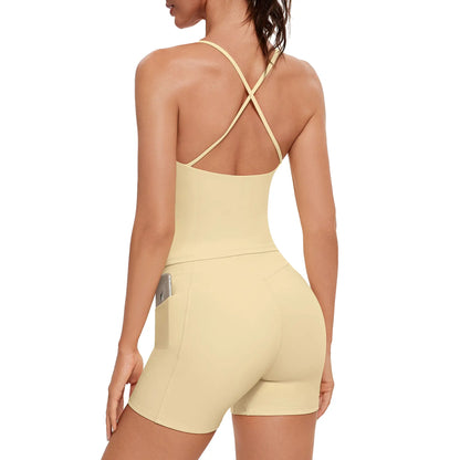 OMKAGI Women'S Cute Spaghetti Strap Tank Tops & Booty Shorts Workout Set with Pockets for Active Women