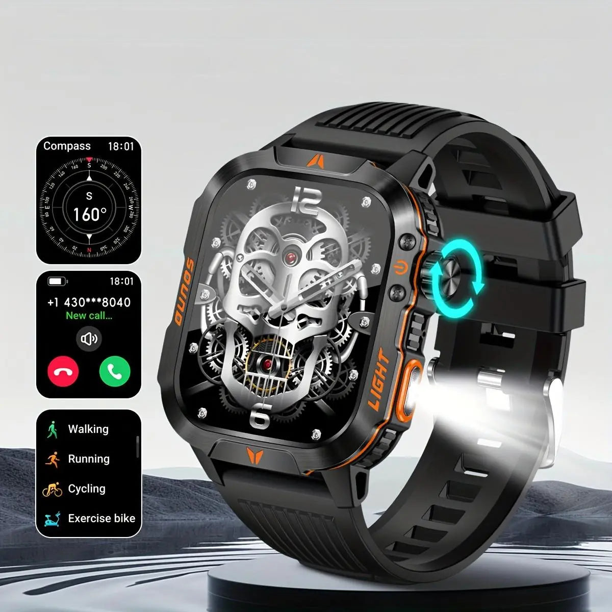 Mens Manly Style Smart Sports Watch with LED Lights - Wearable Device for Android & Iphone, Wireless Calling, Message Reminders, Sports Mode, Voice Control Assistant, Weather Push, Stopwatch, Timer, Fitness Tracker, Ideal Mens Gifts