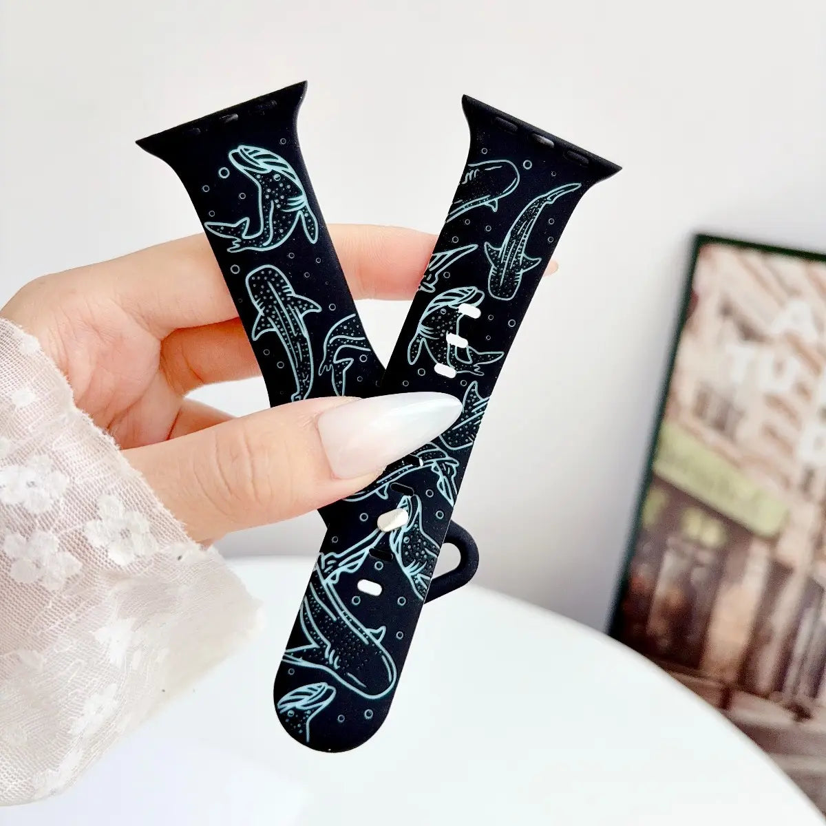 Ocean-Inspired Silicone Strap for Apple Watch Ultra Series 1-11 SE - Adjustable Lightweight Marine Animal Print Sport Band