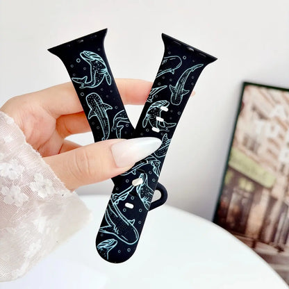 Ocean-Inspired Silicone Strap for Apple Watch Ultra Series 1-11 SE - Adjustable Lightweight Marine Animal Print Sport Band