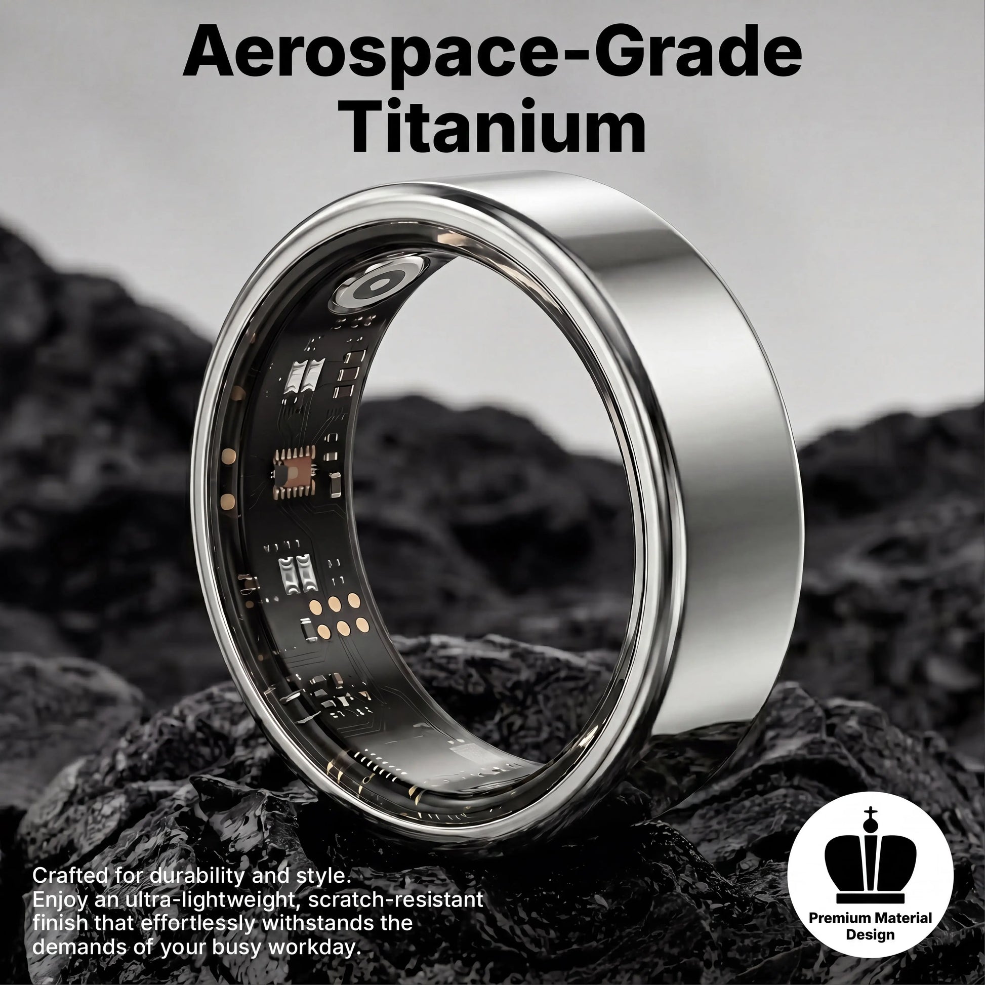 BRILO T07 Modern round Smart Ring Health Tracker - Wearable Devices, Electronic Gadgets, Wireless Fitness Tracker for Work, Aerospace Titanium, 64Kb+8Kb Storage, IP68 Waterproof, Step Counter, Sleep Insights, Free App, Charging Case Included