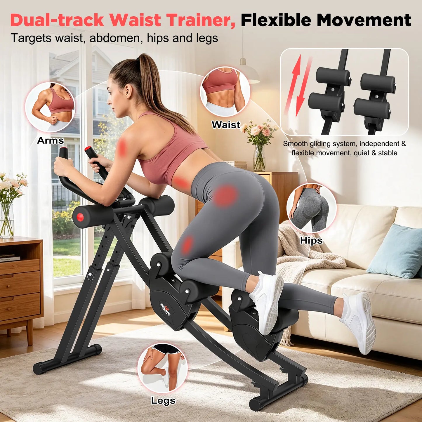Dual Split-Track Ab Machine for Home Abs Workout, Ergonomic Metal Frame Core Trainer with 5-Level Adjustable Resistance, 440 LBS Capacity, Foldable with LCD Display