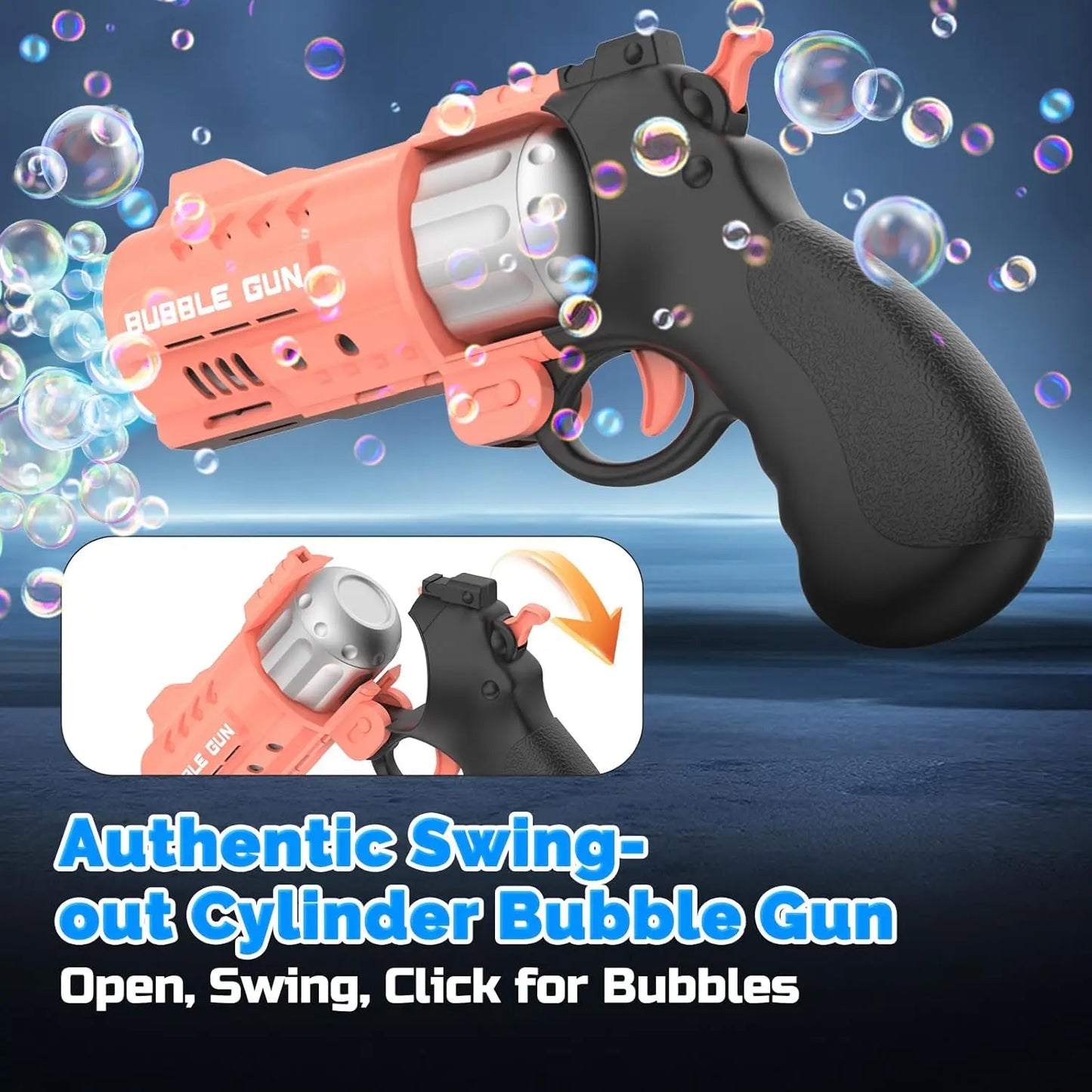 Eaglestone 2 Pack Revolver Bubble Guns for Kids, Swing-Out Cylinder, 8000+ Bubbles/Min, LED Light Up, 4 Bubble Solution Bottles, Outdoor Indoor Toy, Birthday