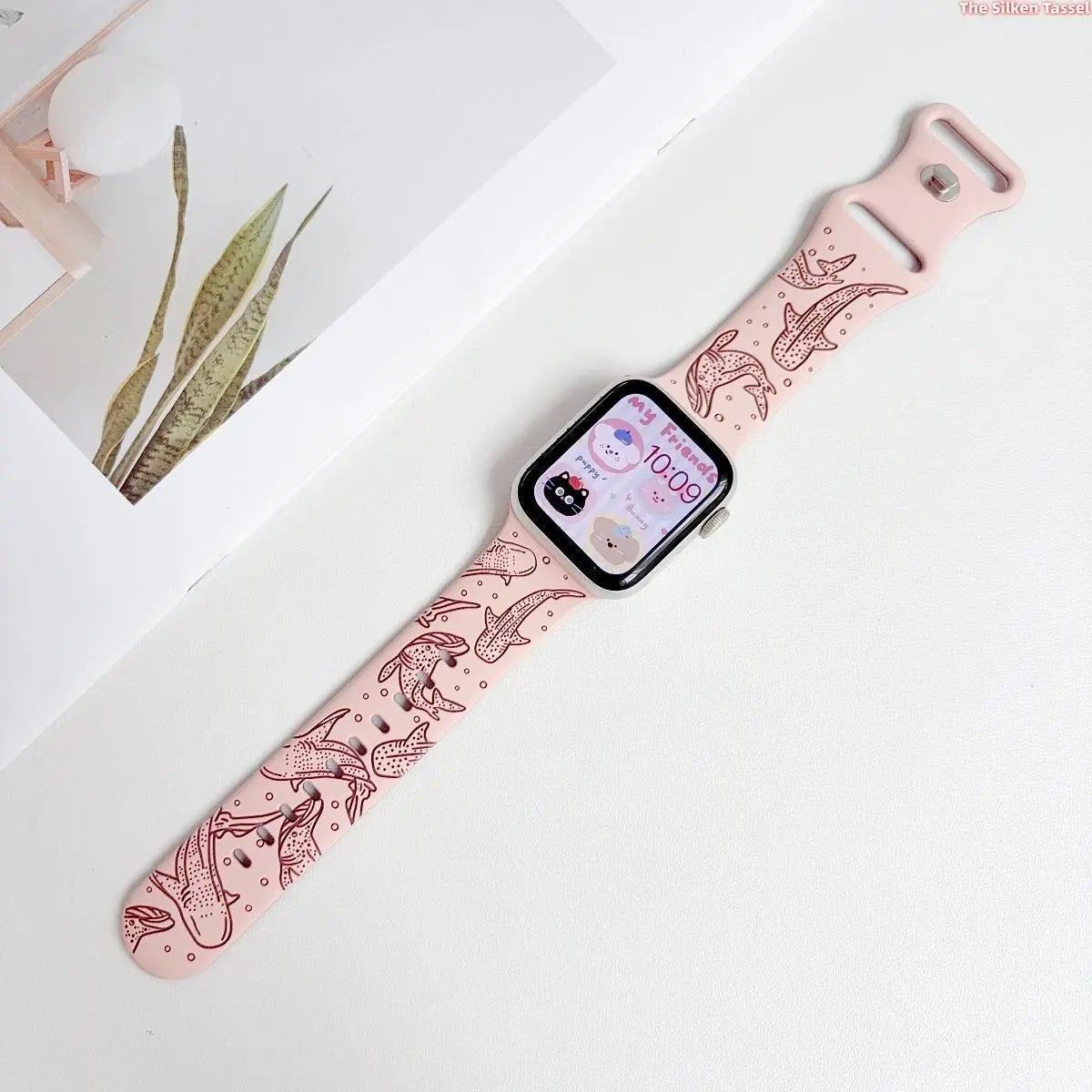 Ocean-Inspired Silicone Strap for Apple Watch Ultra Series 1-11 SE - Adjustable Lightweight Marine Animal Print Sport Band