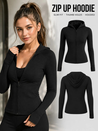 Women’S Solid Slim-Fit Hooded Athletic Jacket, High-Stretch Sculpting Zip-Up Workout Top with Thumbholes for Yoga, Running and Fitness