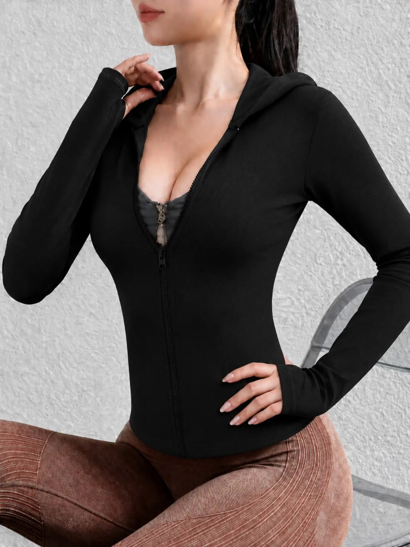 Women’S Solid Slim-Fit Hooded Athletic Jacket, High-Stretch Sculpting Zip-Up Workout Top with Thumbholes for Yoga, Running and Fitness