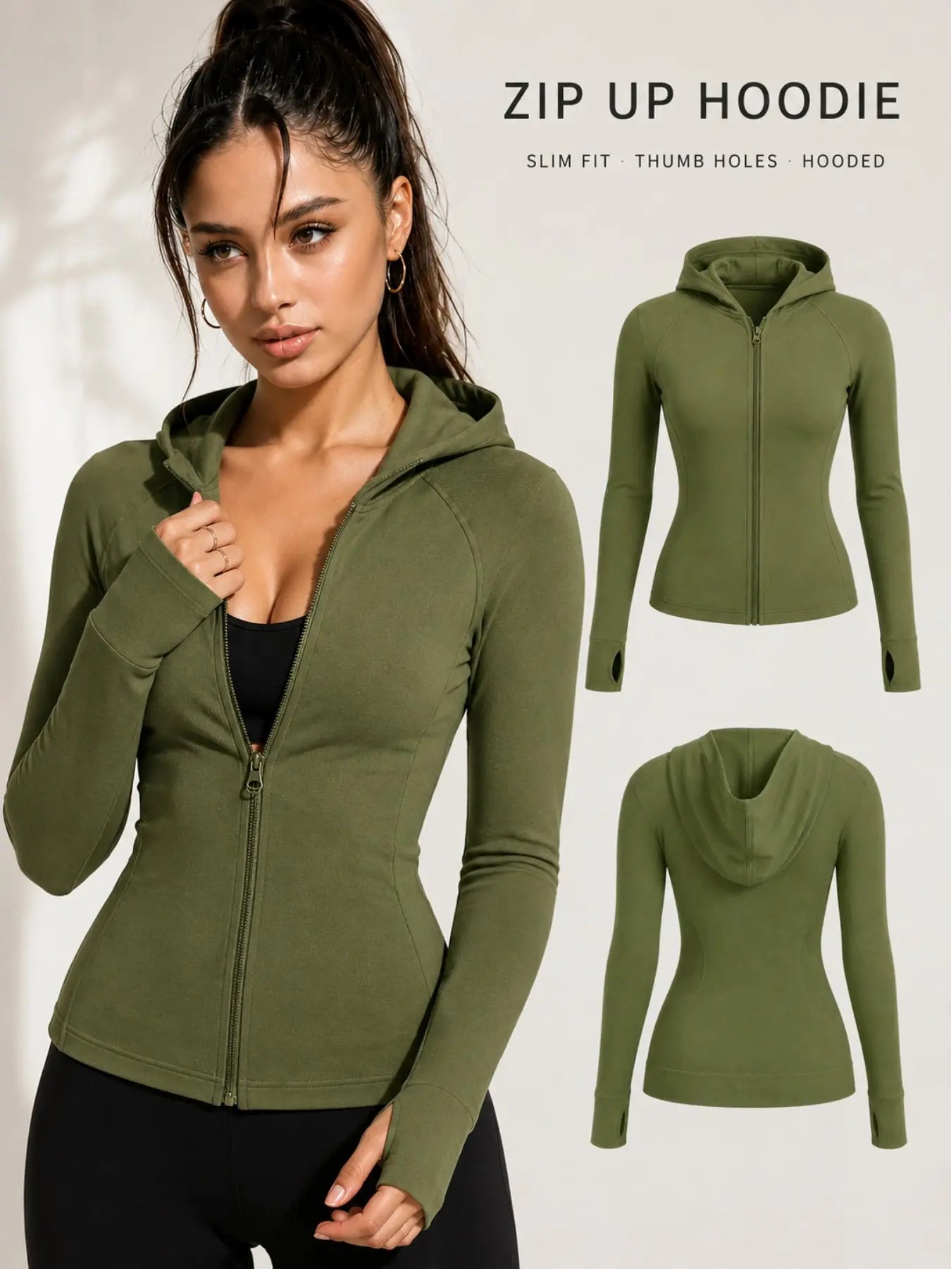 Women’S Solid Slim-Fit Hooded Athletic Jacket, High-Stretch Sculpting Zip-Up Workout Top with Thumbholes for Yoga, Running and Fitness