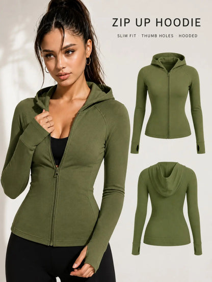 Women’S Solid Slim-Fit Hooded Athletic Jacket, High-Stretch Sculpting Zip-Up Workout Top with Thumbholes for Yoga, Running and Fitness