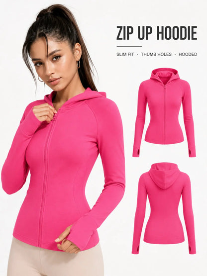 Women’S Solid Slim-Fit Hooded Athletic Jacket, High-Stretch Sculpting Zip-Up Workout Top with Thumbholes for Yoga, Running and Fitness
