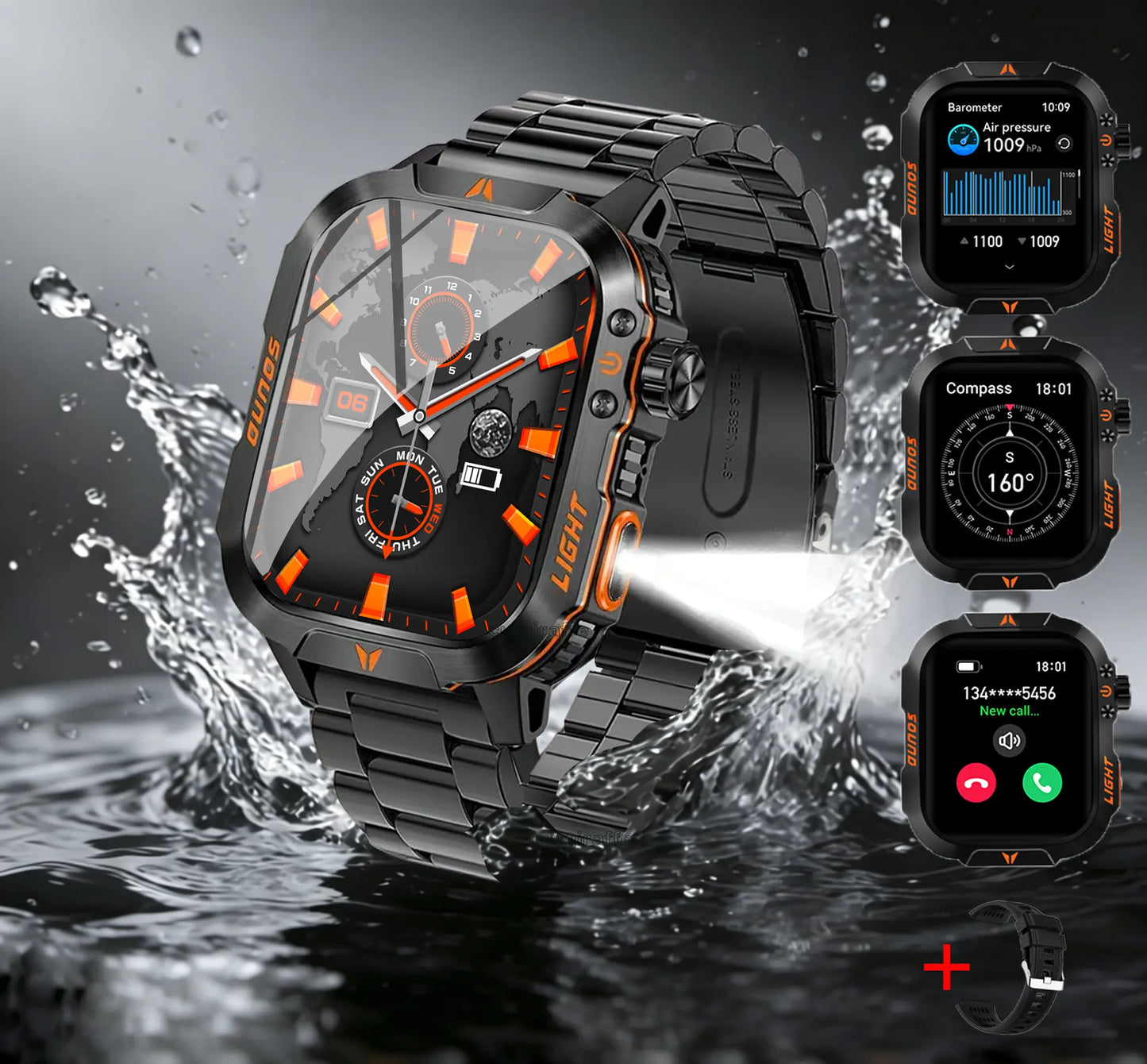 Mens Manly Style Smart Sports Watch with LED Lights - Wearable Device for Android & Iphone, Wireless Calling, Message Reminders, Sports Mode, Voice Control Assistant, Weather Push, Stopwatch, Timer, Fitness Tracker, Ideal Mens Gifts