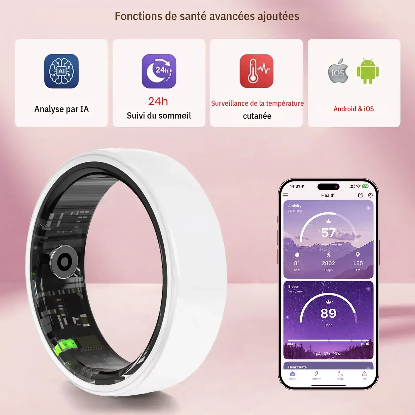 White Ceramic Smart Ring for Men & Women – IP68 Waterproof Health & Fitness Tracker, Sleep, Heart Rate, Stress & Cycle Monitor, Ios & Android Compatible, Charging Case Included,#Tiktokshopsummersale