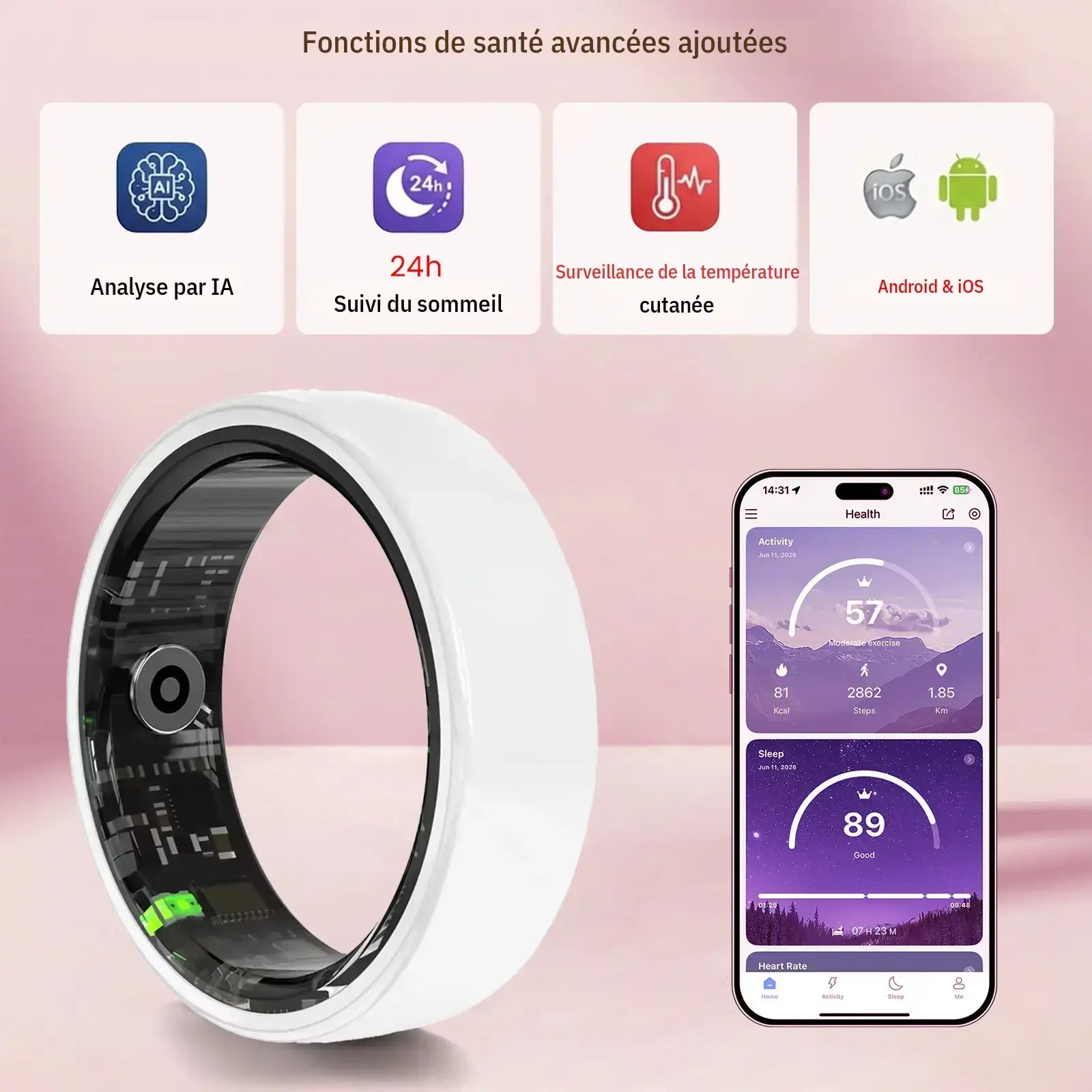 White Ceramic Smart Ring for Men & Women – IP68 Waterproof Health & Fitness Tracker, Sleep, Heart Rate, Stress & Cycle Monitor, Ios & Android Compatible, Charging Case Included,#Tiktokshopsummersale