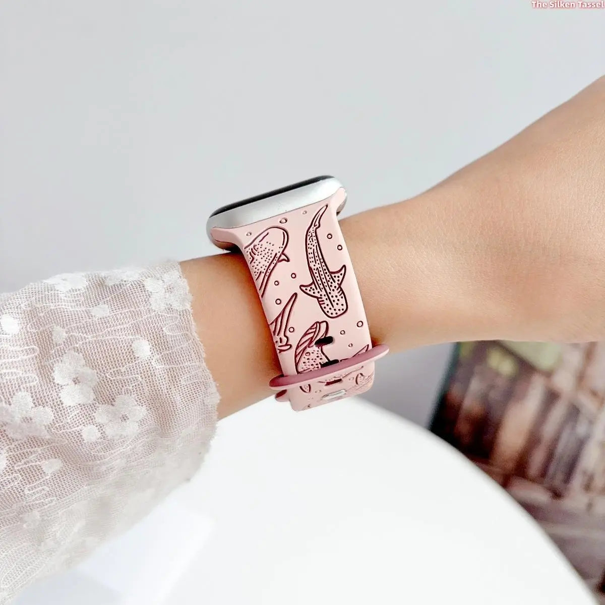 Ocean-Inspired Silicone Strap for Apple Watch Ultra Series 1-11 SE - Adjustable Lightweight Marine Animal Print Sport Band